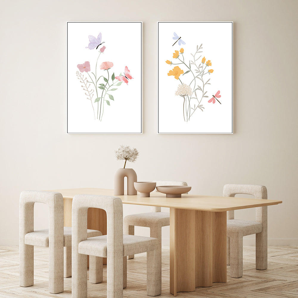 wall-art-print-canvas-poster-framed-Pastel Butterfly & Dragonfly Garden, Set of 2-GIOIA-WALL-ART