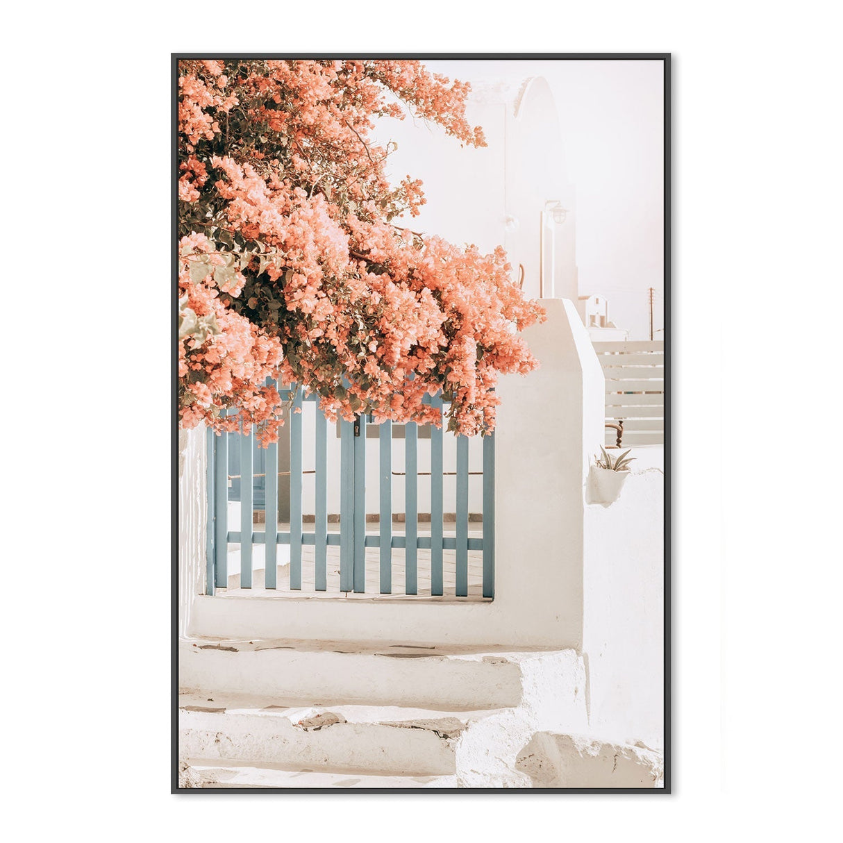 Pink Bougainvillea Flower and Blue Fence in Santorini-Gioia-Prints-Framed-Canvas-Poster-GIOIA-WALL-ART