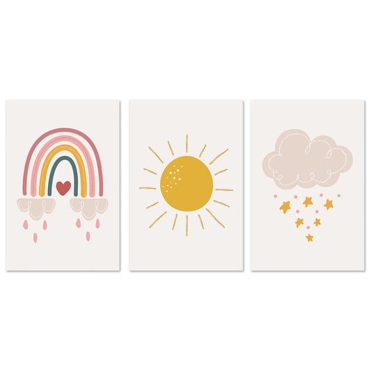 wall-art-print-canvas-poster-framed-Rainbow, Sun And Star Cloud, Set Of 3-GIOIA-WALL-ART