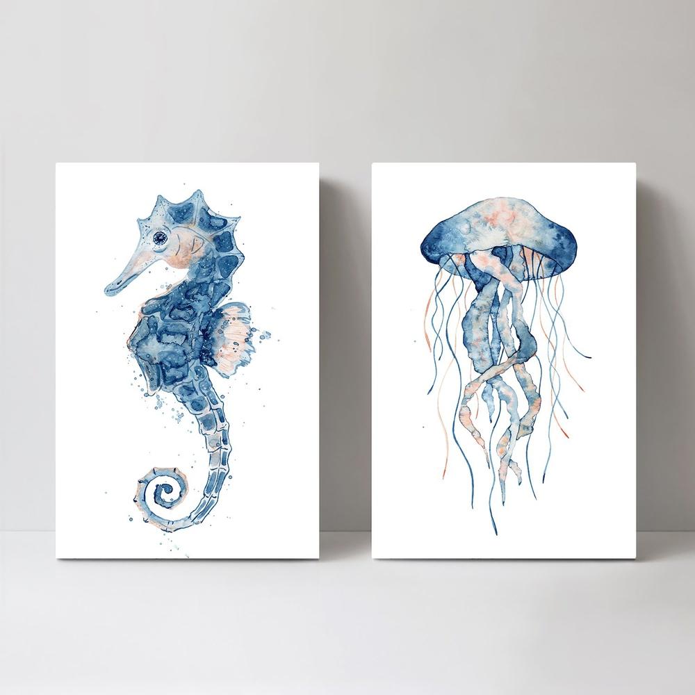 wall-art-print-canvas-poster-framed-Sealife Watercolor Painting, Set Of 2, Style B-by-Gioia Wall Art-Gioia Wall Art