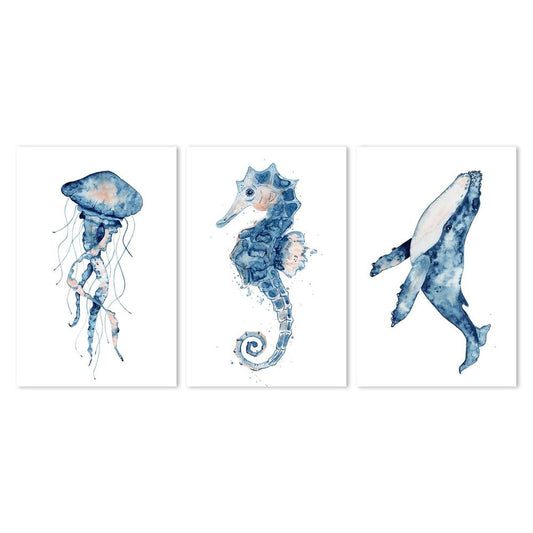 wall-art-print-canvas-poster-framed-Sealife Watercolor Painting, Set Of 3, Style A-by-Gioia Wall Art-Gioia Wall Art