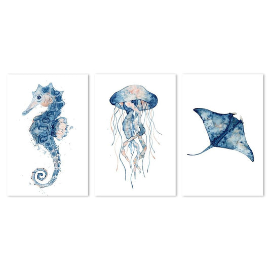 wall-art-print-canvas-poster-framed-Sealife Watercolor Painting, Set Of 3, Style B-by-Gioia Wall Art-Gioia Wall Art