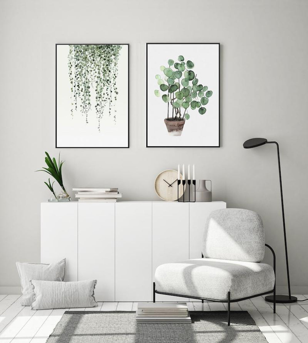 wall-art-print-canvas-poster-framed-String Of Pearls And Pilea Peperomioides, Set Of 2-by-Gioia Wall Art-Gioia Wall Art