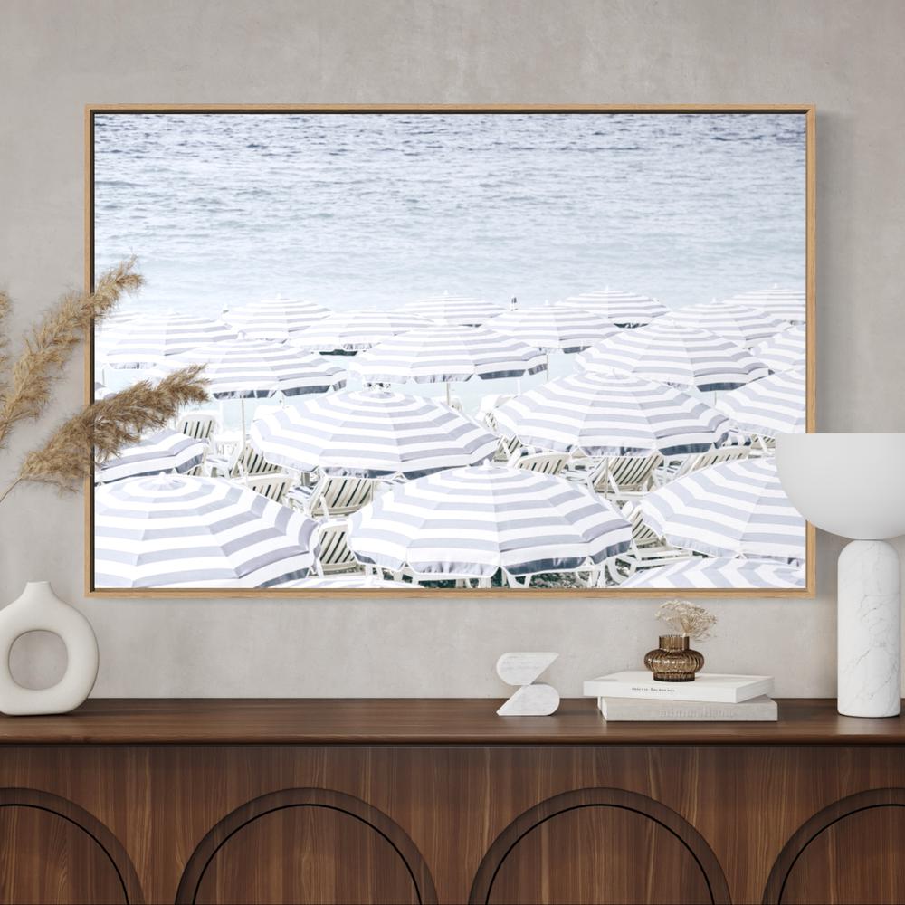 Striped Beach Umbrella On The Coast of France-Gioia-Prints-Framed-Canvas-Poster-GIOIA-WALL-ART