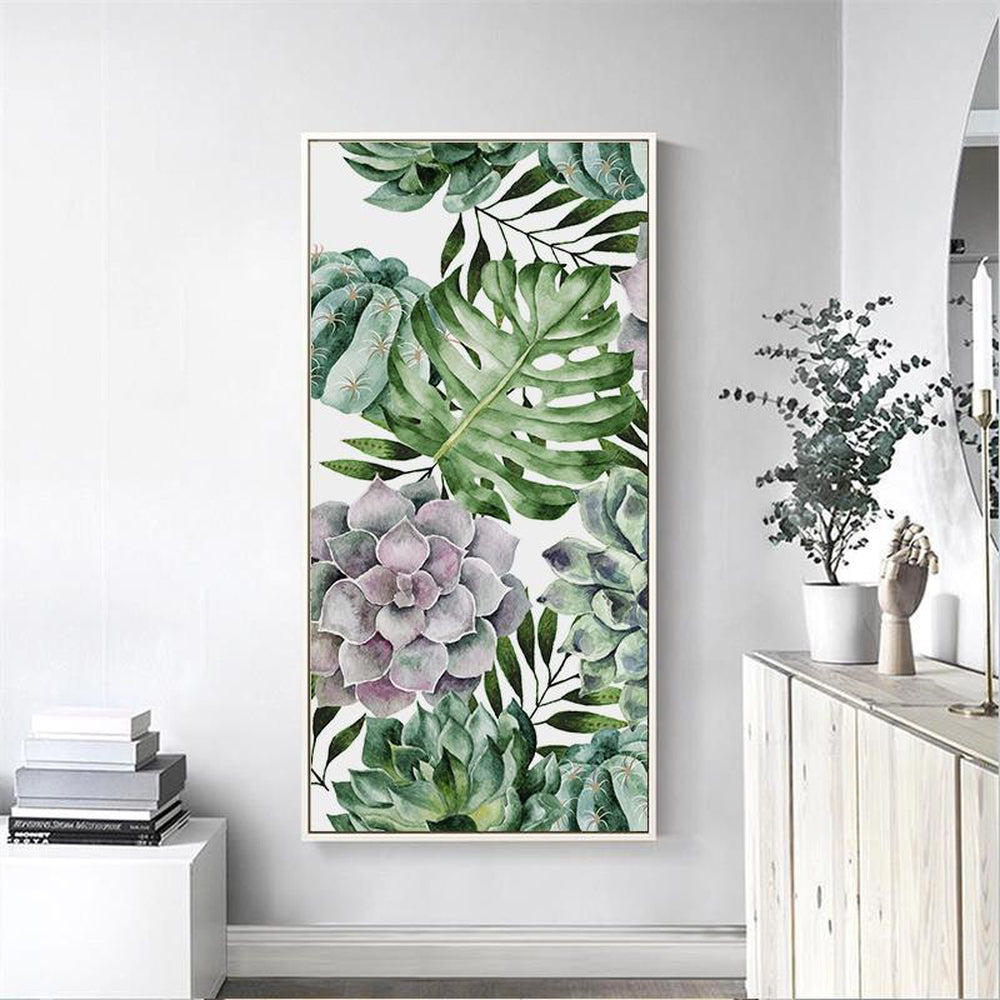 wall-art-print-canvas-poster-framed-Succulents And Monstera Leaves, Watercolour Painting Style-by-Gioia Wall Art-Gioia Wall Art