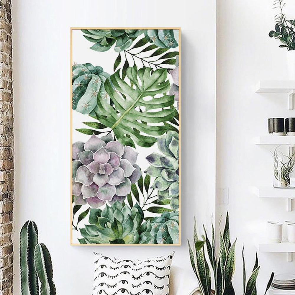 wall-art-print-canvas-poster-framed-Succulents And Monstera Leaves, Watercolour Painting Style-by-Gioia Wall Art-Gioia Wall Art