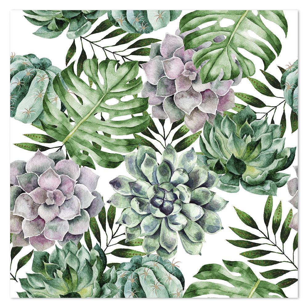 wall-art-print-canvas-poster-framed-Succulents And Monstera Leaves, Watercolour Painting Style, Square-by-Gioia Wall Art-Gioia Wall Art