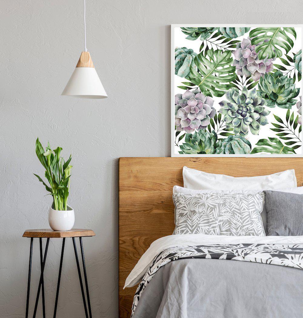 wall-art-print-canvas-poster-framed-Succulents And Monstera Leaves, Watercolour Painting Style, Square-by-Gioia Wall Art-Gioia Wall Art