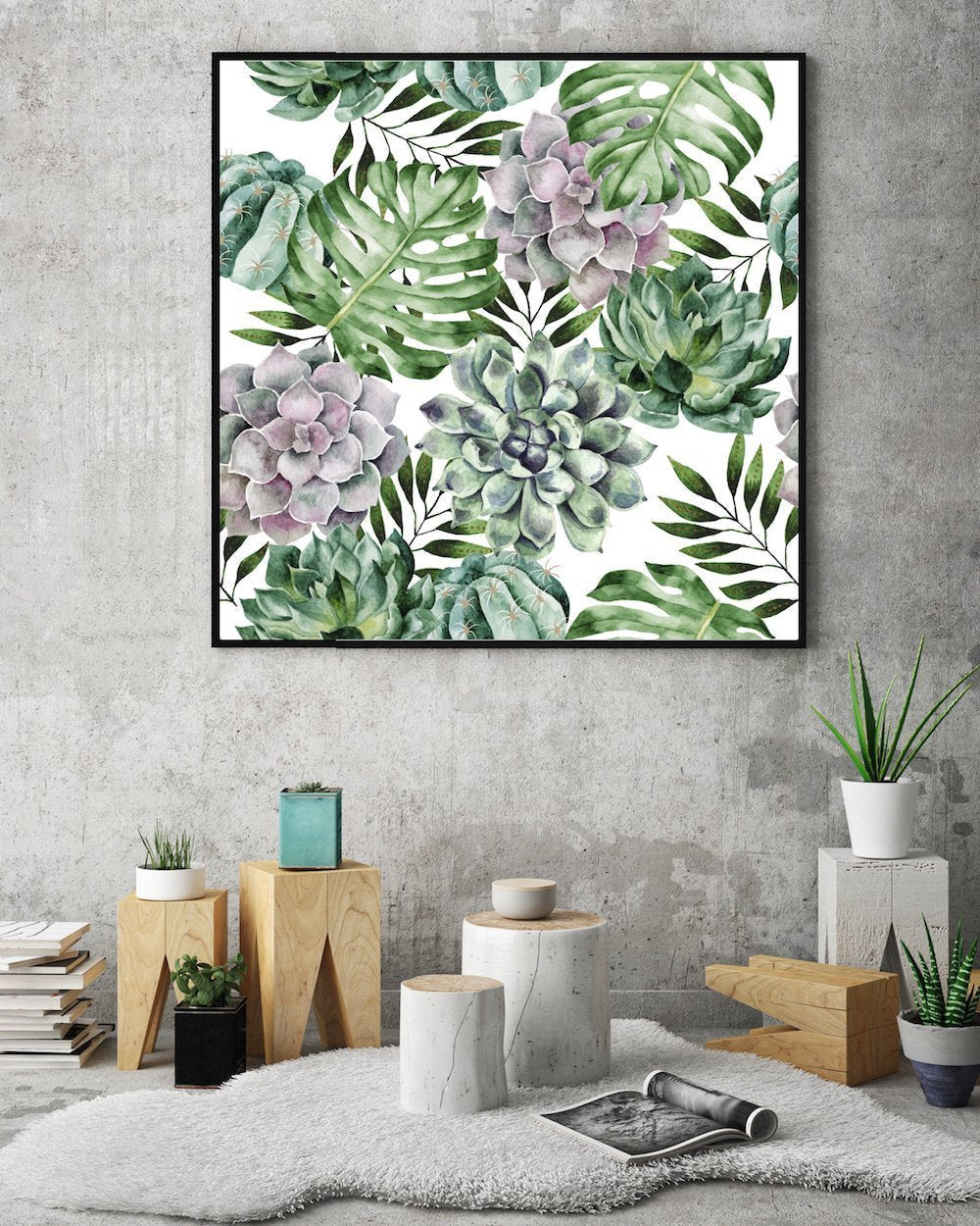 wall-art-print-canvas-poster-framed-Succulents And Monstera Leaves, Watercolour Painting Style, Square-by-Gioia Wall Art-Gioia Wall Art