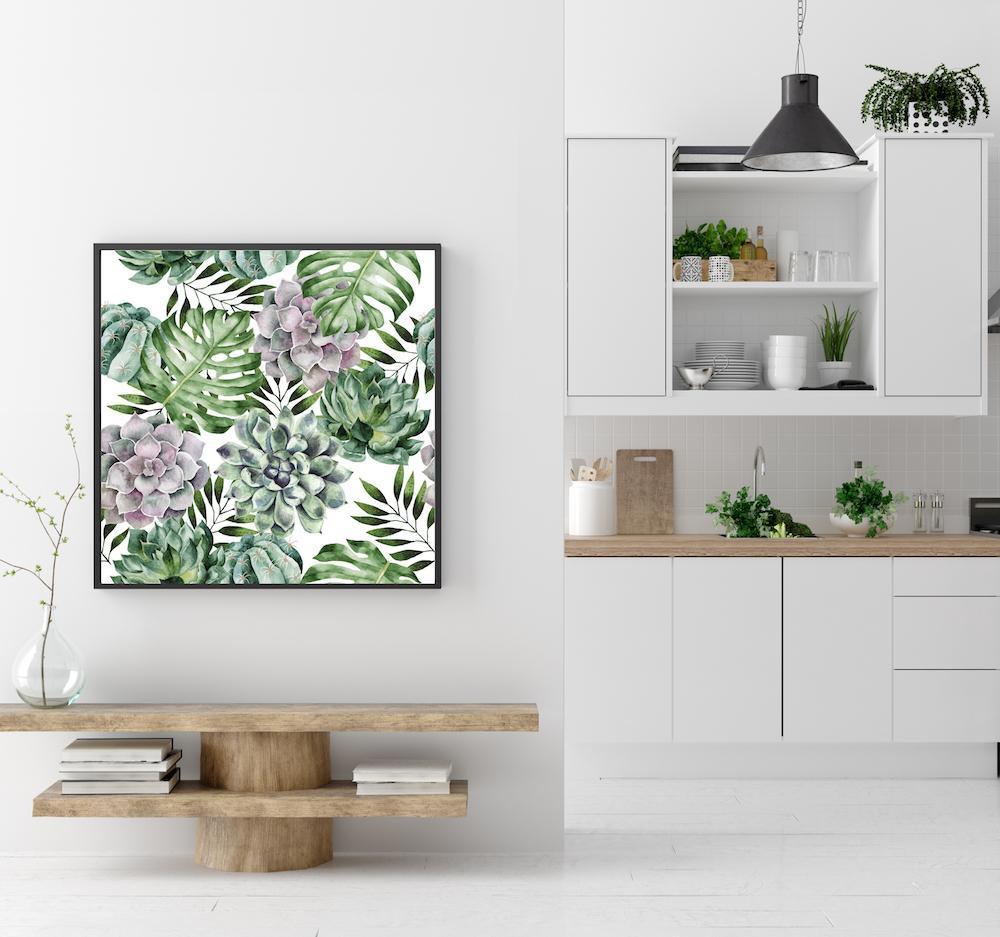 wall-art-print-canvas-poster-framed-Succulents And Monstera Leaves, Watercolour Painting Style, Square-by-Gioia Wall Art-Gioia Wall Art