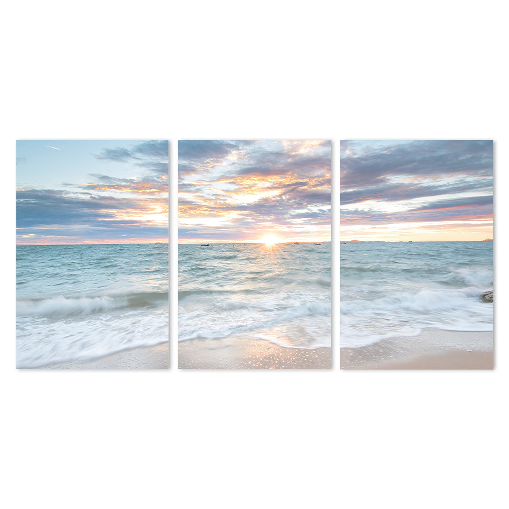 wall-art-print-canvas-poster-framed-Sunrise By The Ocean, Ocean And Beach Landscape, Set Of 3-by-Gioia Wall Art-Gioia Wall Art