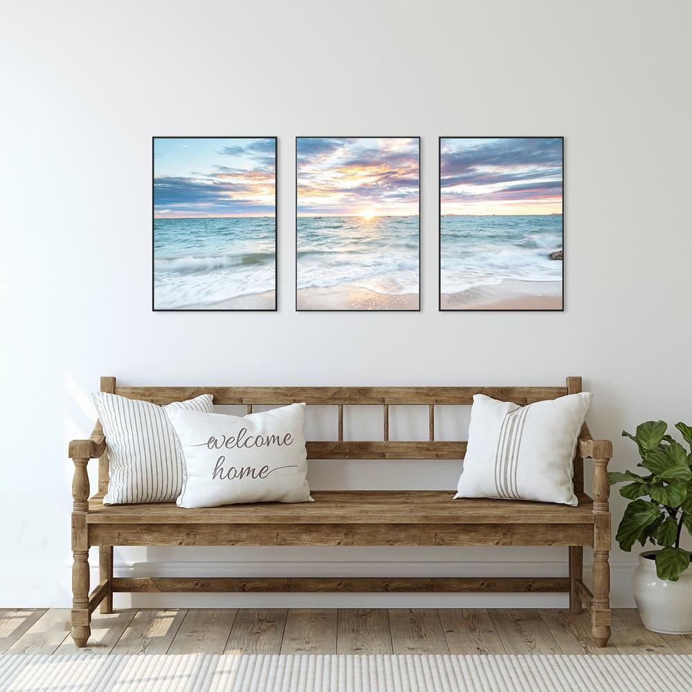 wall-art-print-canvas-poster-framed-Sunrise By The Ocean, Ocean And Beach Landscape, Set Of 3-by-Gioia Wall Art-Gioia Wall Art