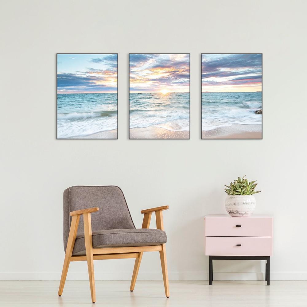 wall-art-print-canvas-poster-framed-Sunrise By The Ocean, Ocean And Beach Landscape, Set Of 3-by-Gioia Wall Art-Gioia Wall Art