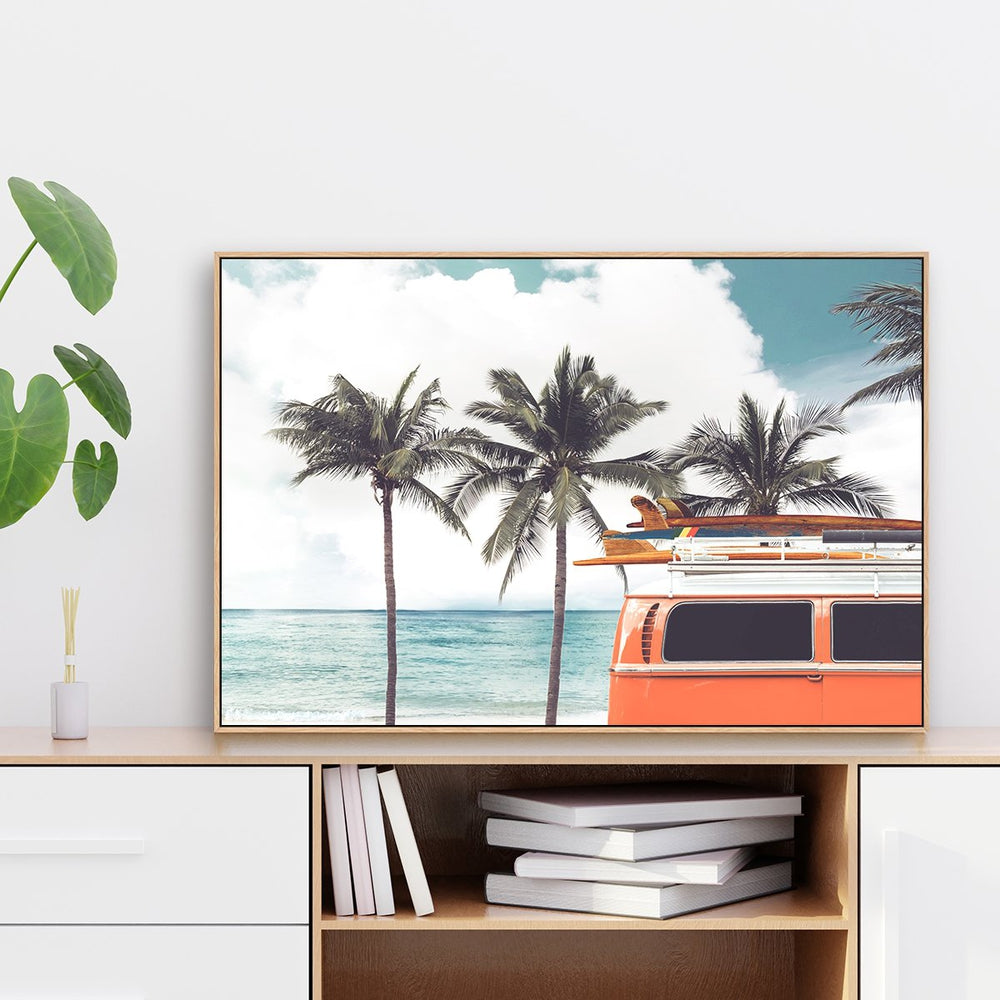 wall-art-print-canvas-poster-framed-Surfs Up, Palm Tree And Orange Van By The Beach-by-Gioia Wall Art-Gioia Wall Art