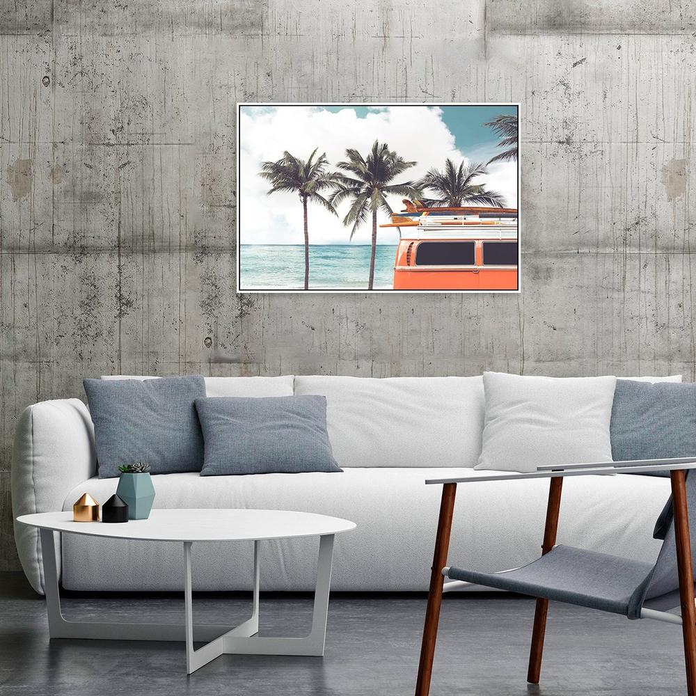 wall-art-print-canvas-poster-framed-Surfs Up, Palm Tree And Orange Van By The Beach-by-Gioia Wall Art-Gioia Wall Art