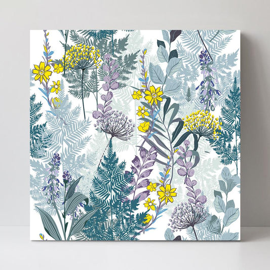 wall-art-print-canvas-poster-framed-The Blue Garden, Blue Leaves, Yellow And Purple Floral-by-Gioia Wall Art-Gioia Wall Art