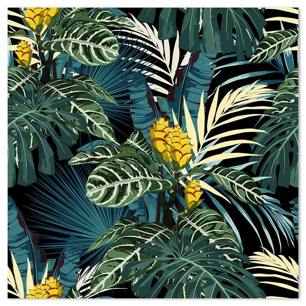 wall-art-print-canvas-poster-framed-Tropical Jungle, Green Palm Leaves And Blue Monstera Leaves With Yellow Flowers-by-Gioia Wall Art-Gioia Wall Art