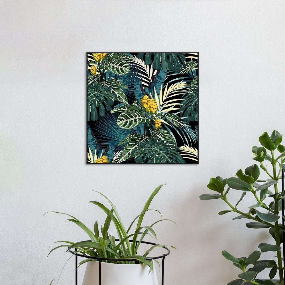 wall-art-print-canvas-poster-framed-Tropical Jungle, Green Palm Leaves And Blue Monstera Leaves With Yellow Flowers-by-Gioia Wall Art-Gioia Wall Art