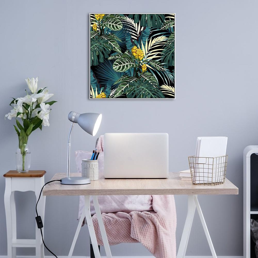 wall-art-print-canvas-poster-framed-Tropical Jungle, Green Palm Leaves And Blue Monstera Leaves With Yellow Flowers-by-Gioia Wall Art-Gioia Wall Art