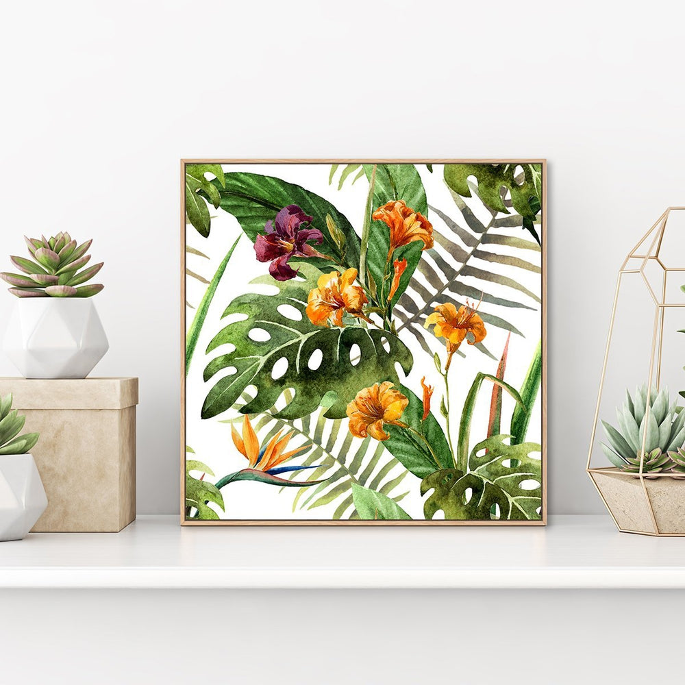 wall-art-print-canvas-poster-framed-Watercolor Tropical Leaves And Flowers, Style B-by-Gioia Wall Art-Gioia Wall Art