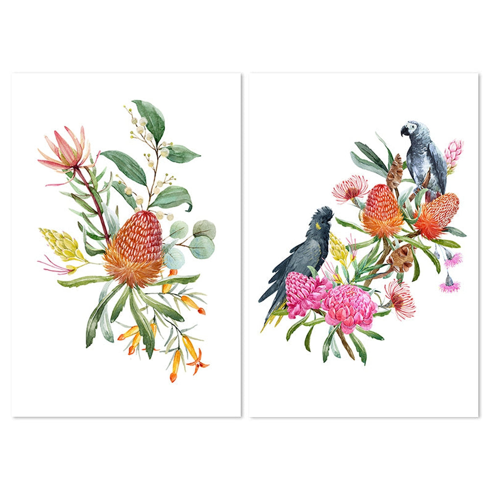 wall-art-print-canvas-poster-framed-Watercolour Bouquet, Banksias,Protea Leaves, Eucalyptus, Parrot And Cockatoo, Set Of 2-by-Gioia Wall Art-Gioia Wall Art