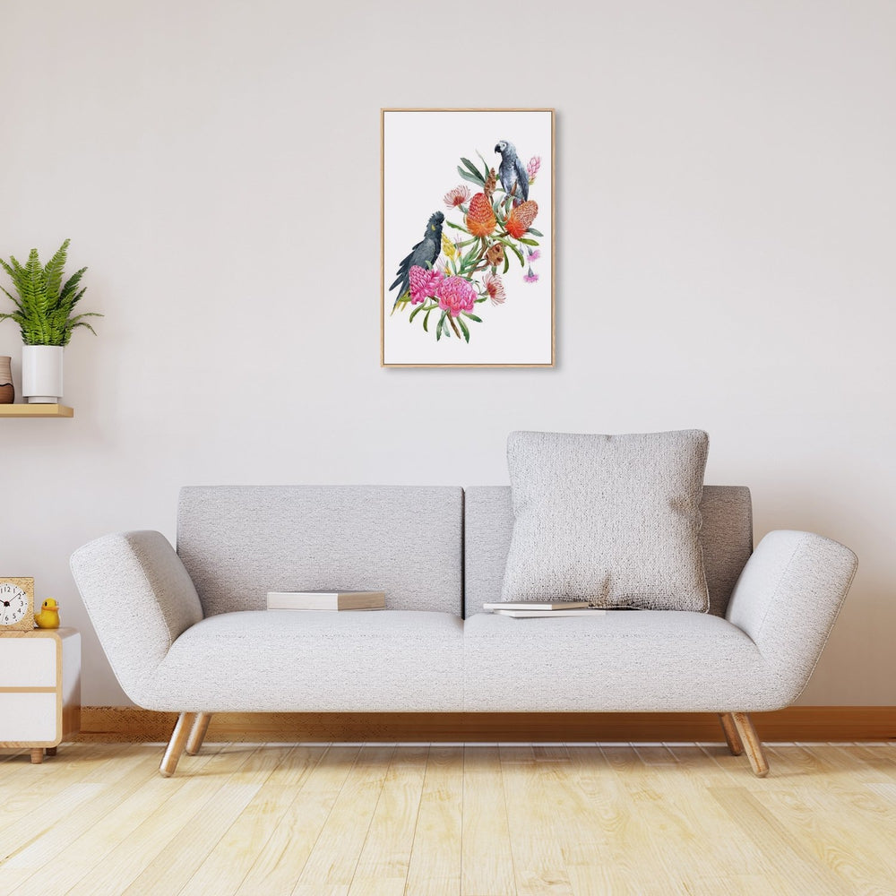 wall-art-print-canvas-poster-framed-Watercolour Bouquet, Banksias,Protea Leaves, Eucalyptus, Parrot And Cockatoo, Set Of 2-by-Gioia Wall Art-Gioia Wall Art