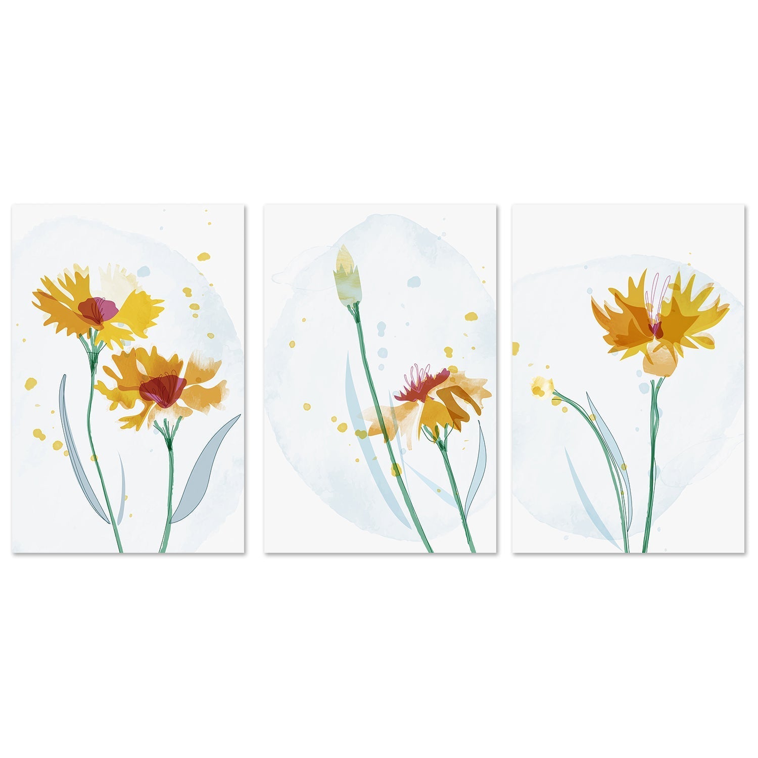 wall-art-print-canvas-poster-framed-Watercolour Yellow Flowers, Style A, B & C, Set Of 3-GIOIA-WALL-ART