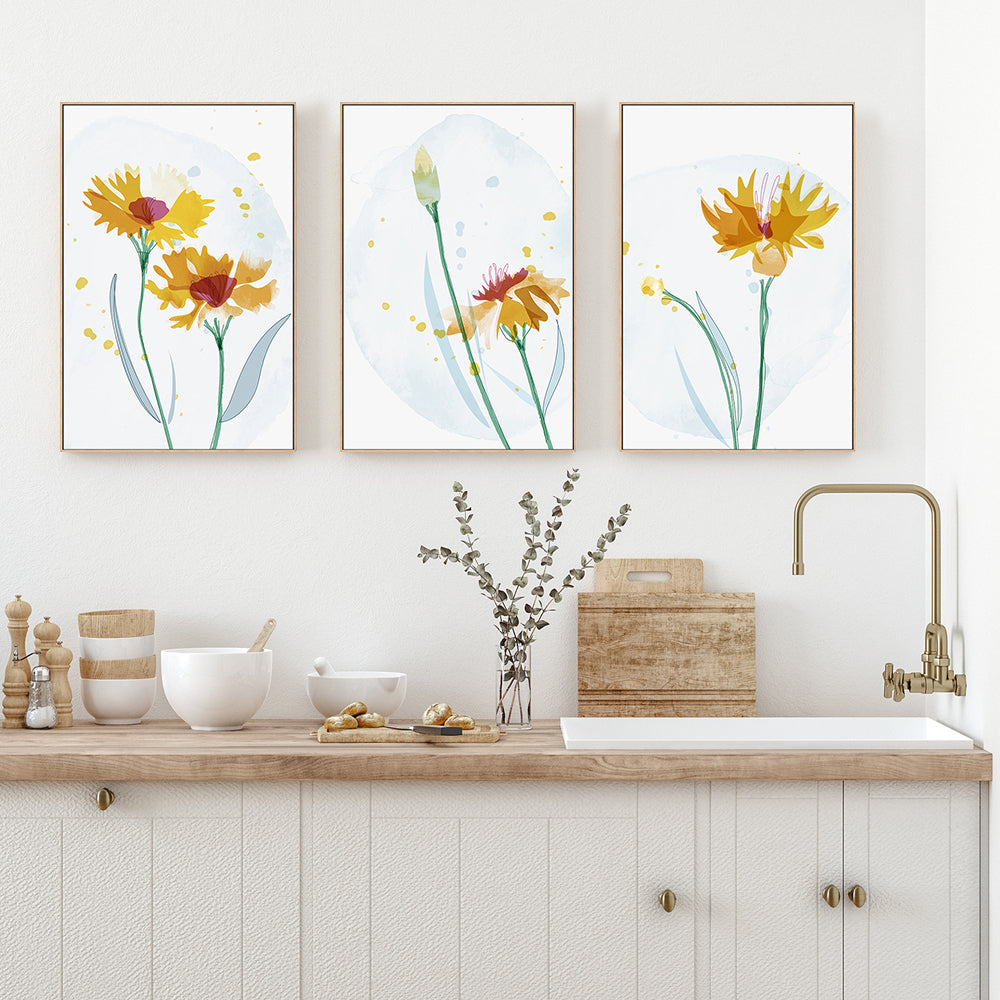 wall-art-print-canvas-poster-framed-Watercolour Yellow Flowers, Style A, B & C, Set Of 3-GIOIA-WALL-ART