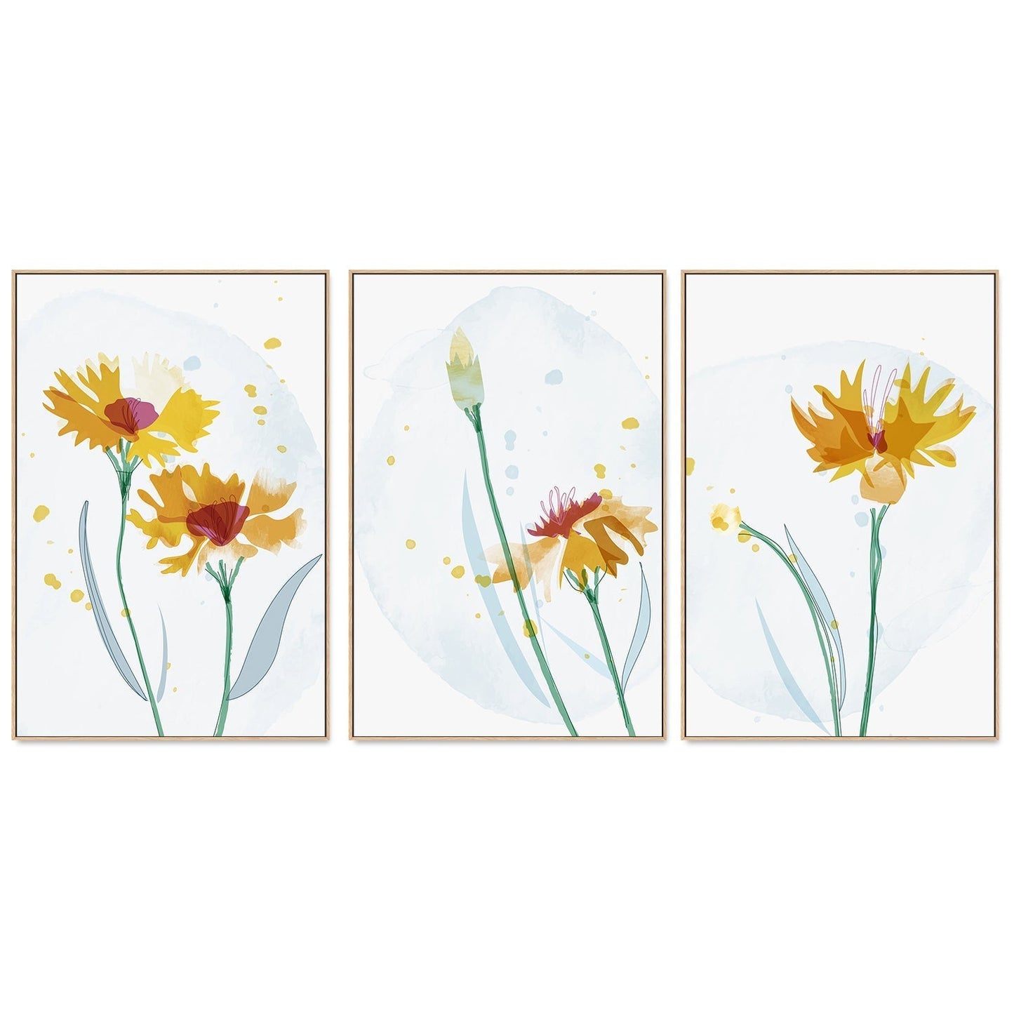 wall-art-print-canvas-poster-framed-Watercolour Yellow Flowers, Style A, B & C, Set Of 3-GIOIA-WALL-ART