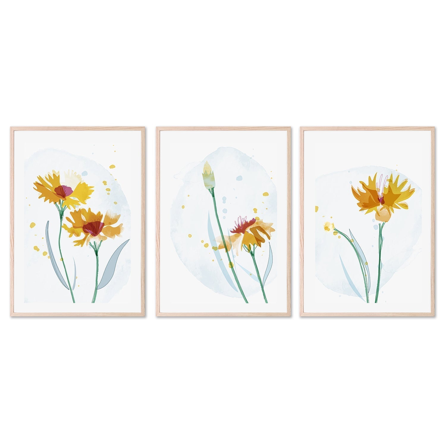 wall-art-print-canvas-poster-framed-Watercolour Yellow Flowers, Style A, B & C, Set Of 3-GIOIA-WALL-ART