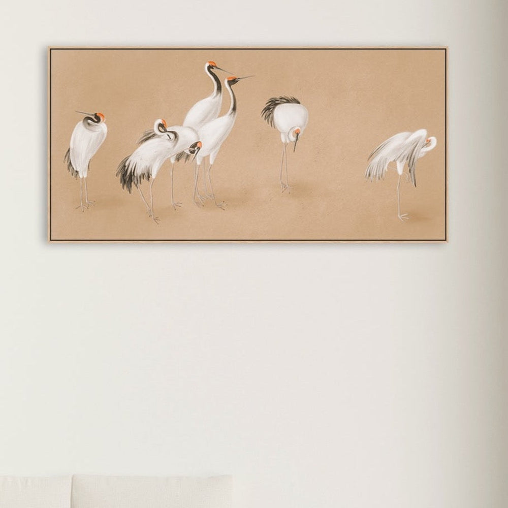 wall-art-print-canvas-poster-framed-White Cranes On Gold Background-by-Gioia Wall Art-Gioia Wall Art