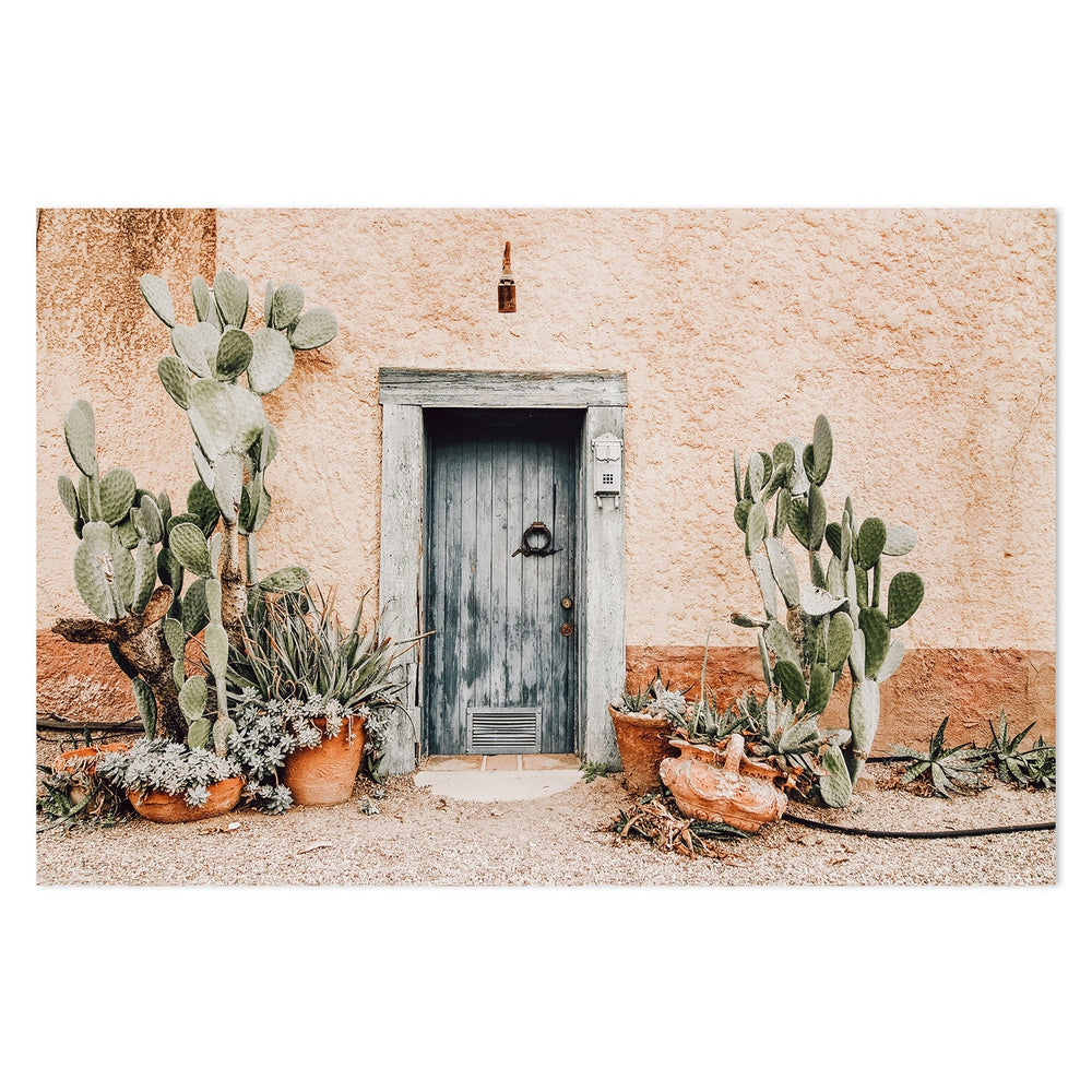 wall-art-print-canvas-poster-framed-Wooden Front Door With Cactus-by-Gioia Wall Art-Gioia Wall Art
