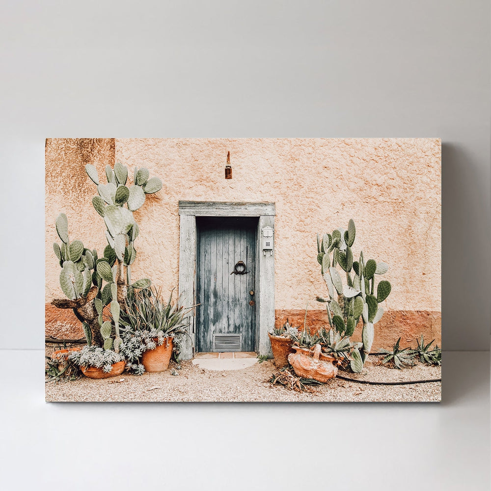 wall-art-print-canvas-poster-framed-Wooden Front Door With Cactus-by-Gioia Wall Art-Gioia Wall Art